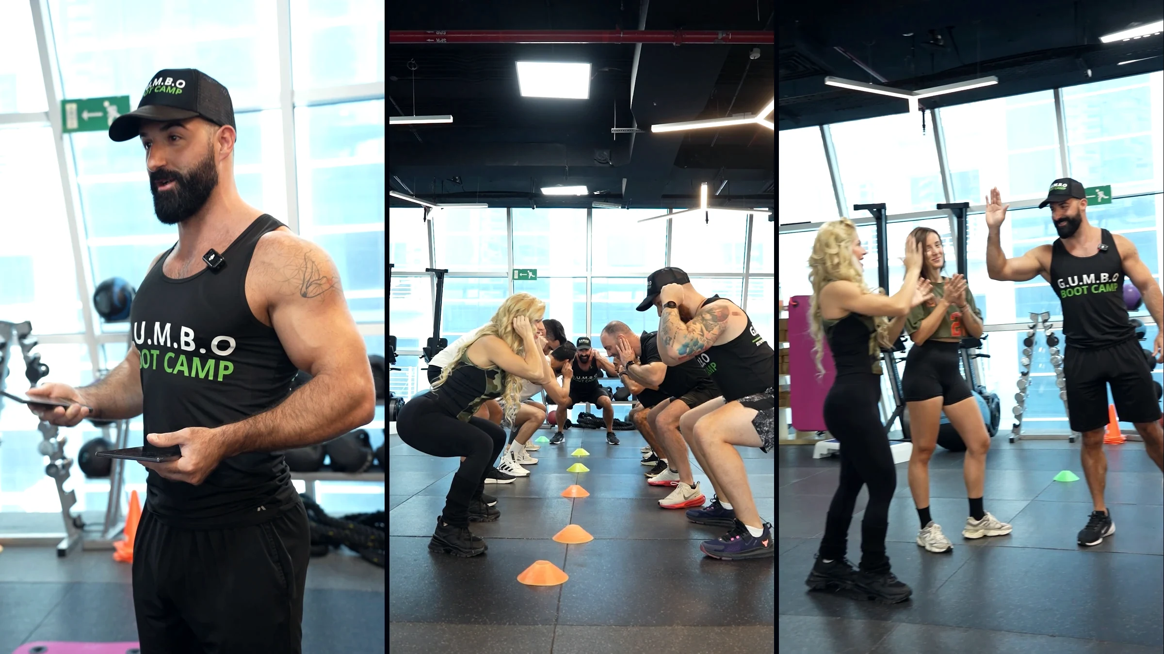 Real group sessions: a coach briefing, a squat drill and a high-five