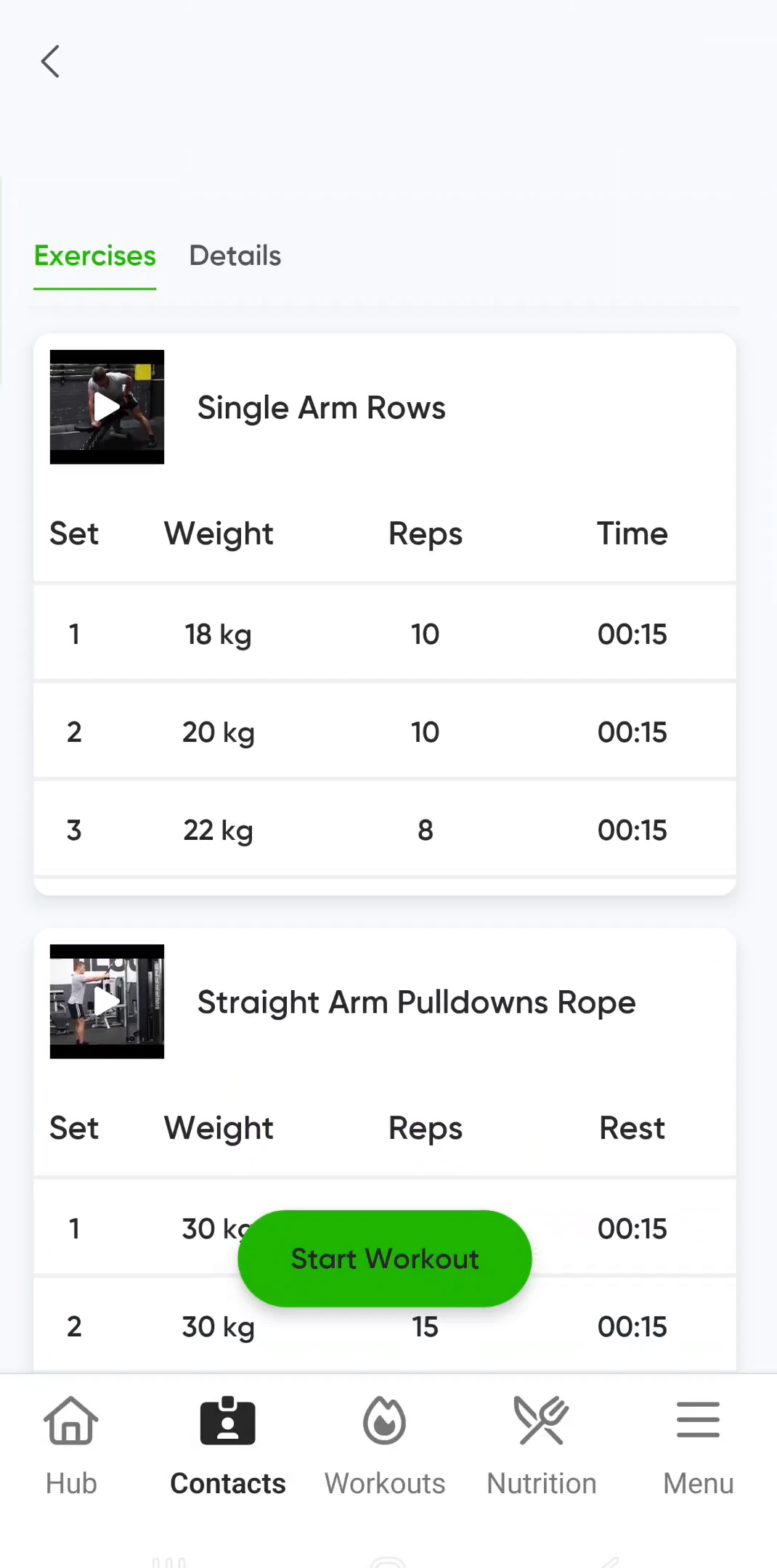 Coaching app screen listing an assigned workout with sets, weights, reps and timings