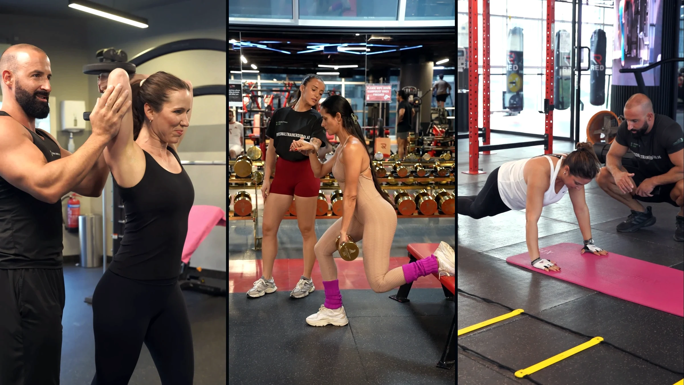Three coaching moments: Nikola guiding a shoulder press, Tamara guiding a split squat, Nikola cueing a push-up